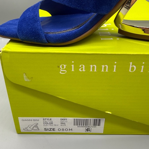 Gianni Bini Paityn suede mules in blue with a gold architectural heel. - Picture 10 of 10